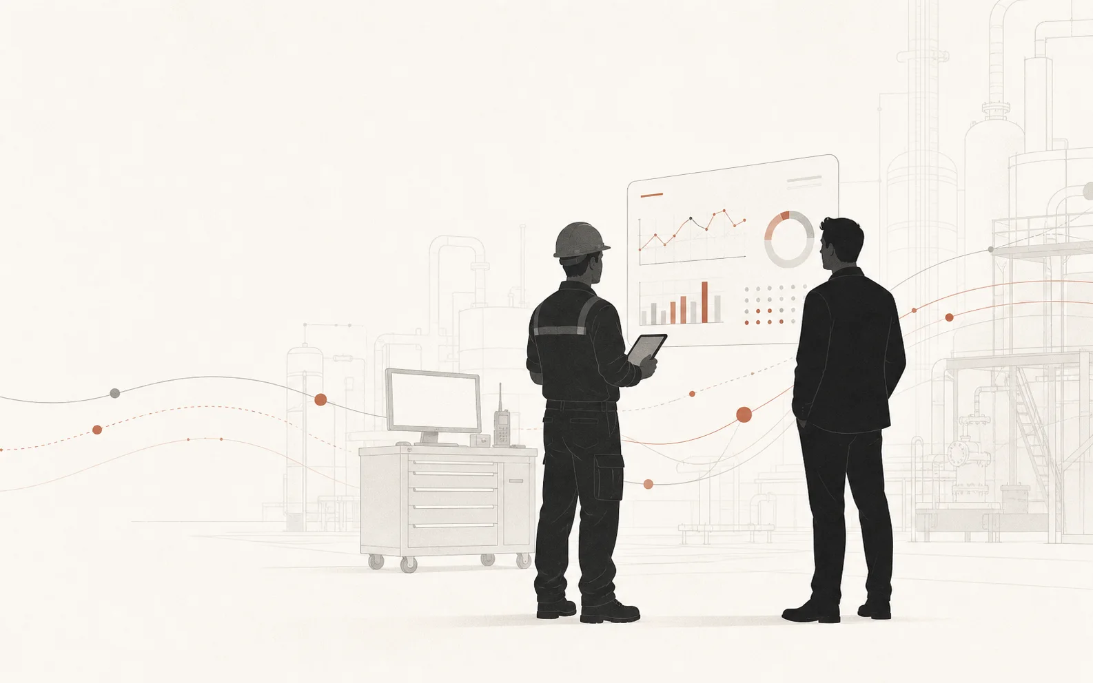 Maintenance technician and operations manager reviewing plant dashboard data